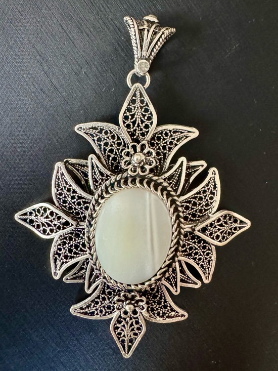 Jewelry - Turkey Sterling Silver Filigree Pendant with Mother of Pearl Cabochon - 2 3/4”